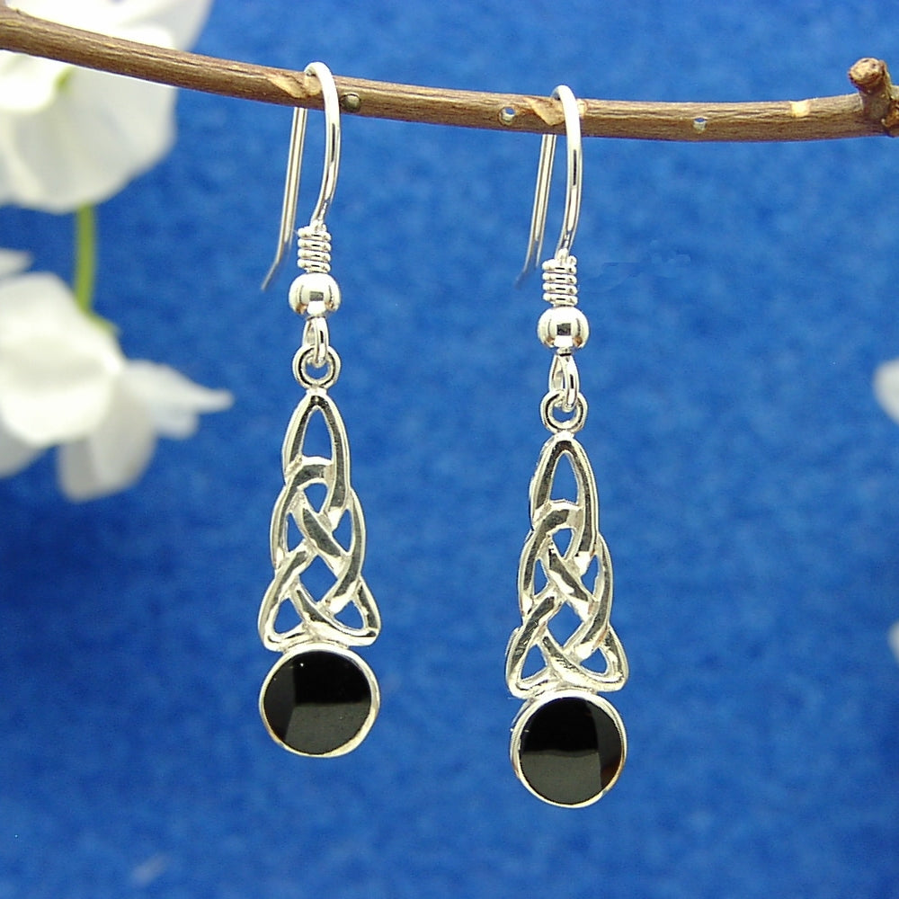 Sterling Silver Whitby Jet Celtic fashion Round Drop Earrings